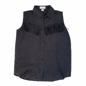 🖤 Silk Mist Black Silk Fringe Sleeveless Button-Up Top | Size L